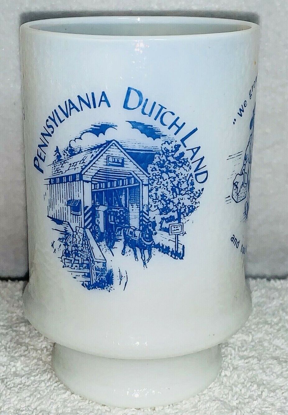 Milk Glass Pennsylvania Dutch Land Mug Too Oldt Schmardt Amish Blue Design Vntg